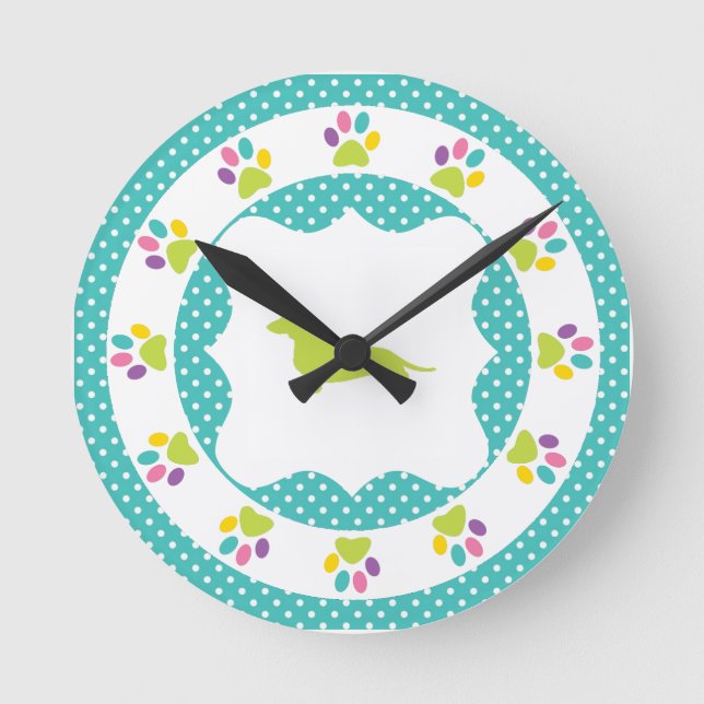 Reloj Redondo Mediano Blue Polka Dot Rainbow Paw Print Dachshund (Anverso)