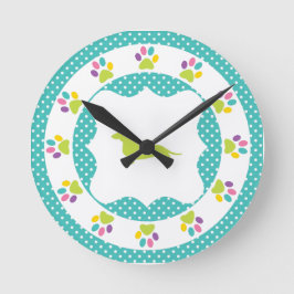 Reloj Redondo Mediano Blue Polka Dot Rainbow Paw Print Dachshund