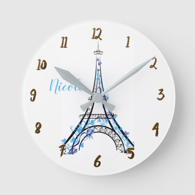 Reloj Redondo Mediano Blue Purple Floral Paris Eiffel Tower Personalized (Anverso)