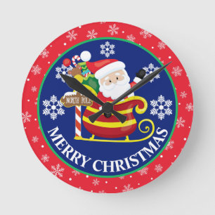 Reloj Redondo Mediano Blue Red Christmas Santa Sleigh Winter