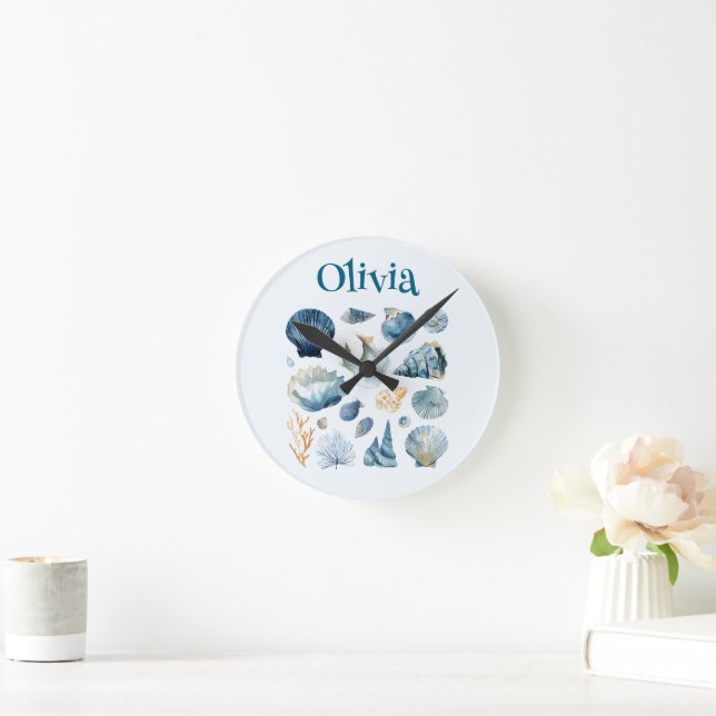 Reloj Redondo Mediano Blue Seashell Wall Clock | Custom Name (Hogar)