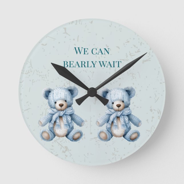 Reloj Redondo Mediano Blue Teddy Bears Twin Baby Shower (Anverso)