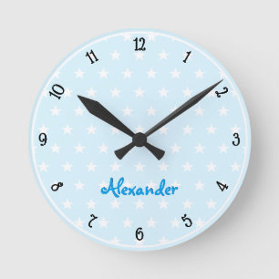 Reloj Redondo Mediano Blue White Stars Custom Name Boys Room Nursery