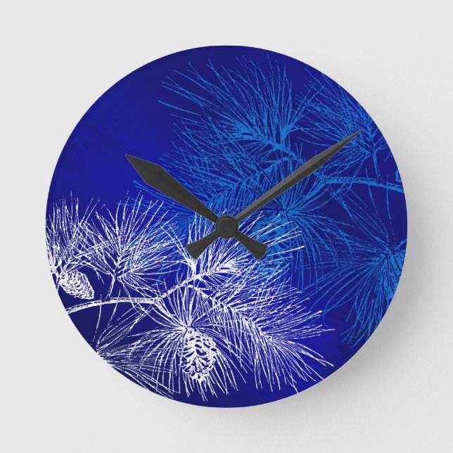 Reloj Redondo Mediano Blue White Winter Holiday Pine (Anverso)
