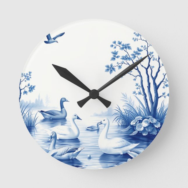 Reloj Redondo Mediano Blue Willow Swans Lake Scene (Anverso)