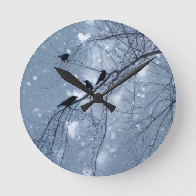 Reloj Redondo Mediano Blue Willowy Snow Crows (Anverso)