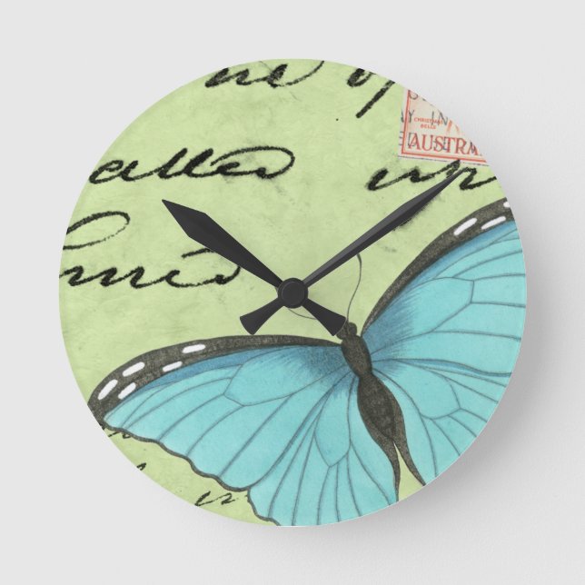 Reloj Redondo Mediano Blue-Winged Butterfly on Teal Postcard (Anverso)