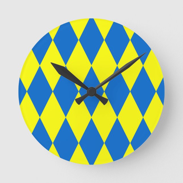 Reloj Redondo Mediano Blue Yellow Harlequin Checkered Design  (Anverso)