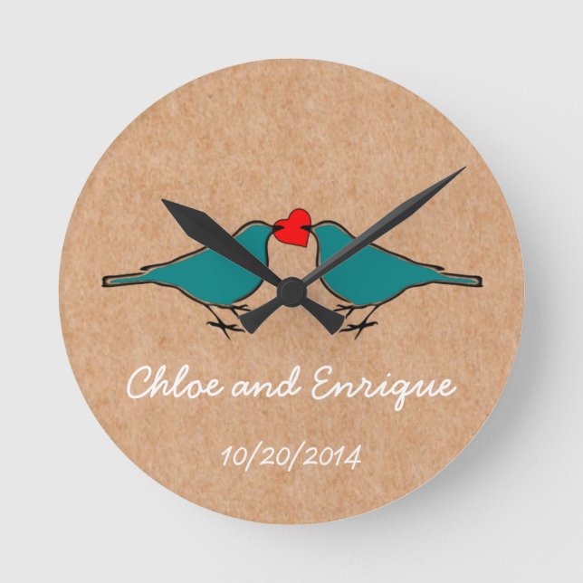 Reloj Redondo Mediano Bluebirds and Love Heart Wedding (Anverso)