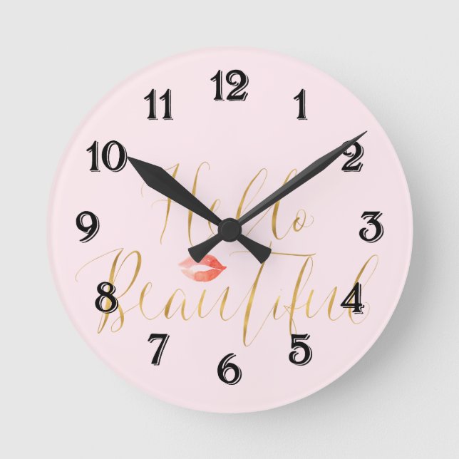 Reloj Redondo Mediano Blush Pink Gold Hello Beautiful Lips (Anverso)