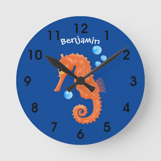 Reloj Redondo Mediano Bóbulas de caballito de mar naranja personalizado  (Anverso)