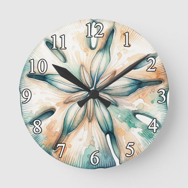 Reloj Redondo Mediano Boda de acuarela Sand Dollar Ocean Splash Sea (Anverso)
