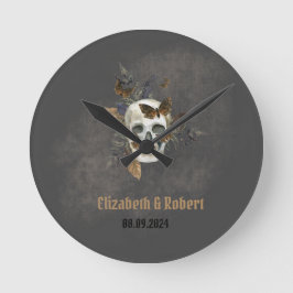 Reloj Redondo Mediano Boda de las mariposas florales góticas del cráneo
