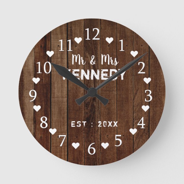 Reloj Redondo Mediano Boda de Plano de Madera Rústica (Anverso)
