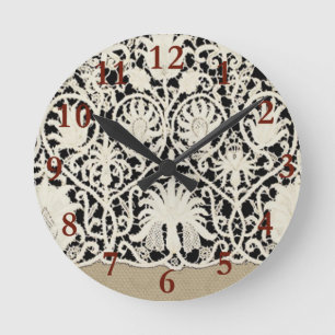Reloj Redondo Mediano Boda Encaje Antiguo Lino Blanco Clásico Bonito