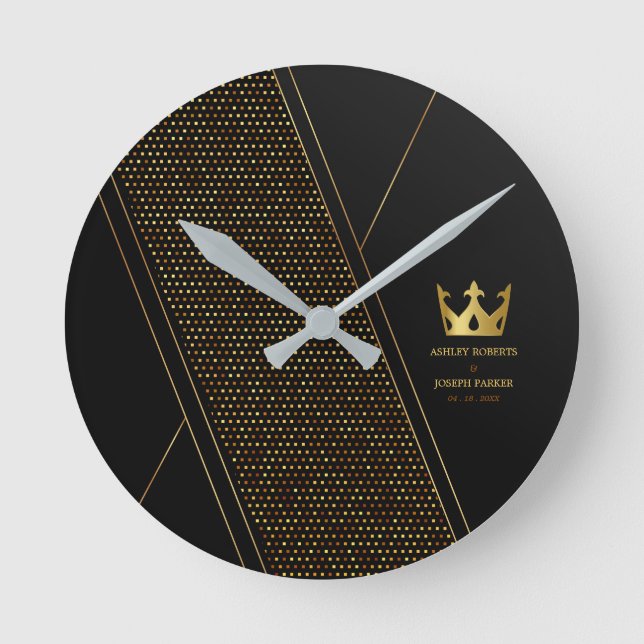 Reloj Redondo Mediano Boda Patrón geométrico negro de oro de lujo (Anverso)