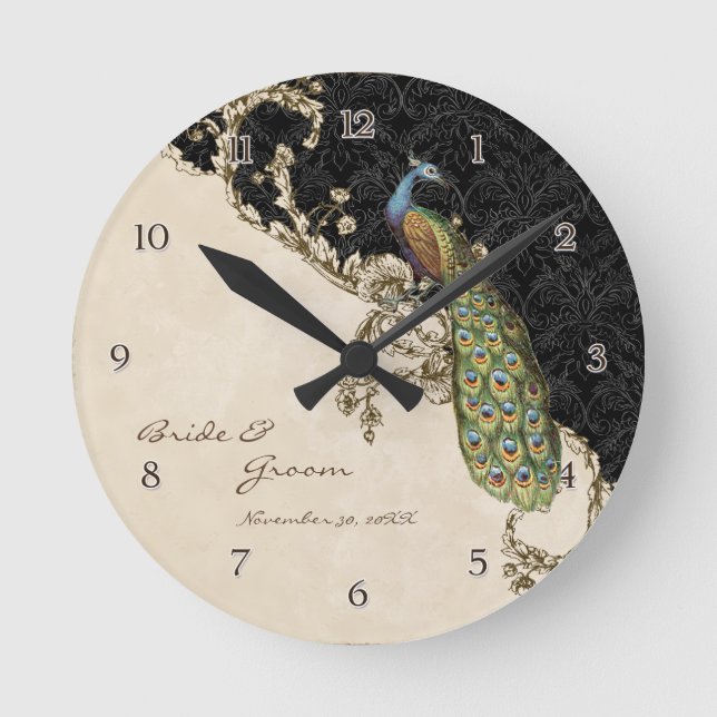 Reloj Redondo Mediano Boda personalizado de Peacock y Etchings (Anverso)