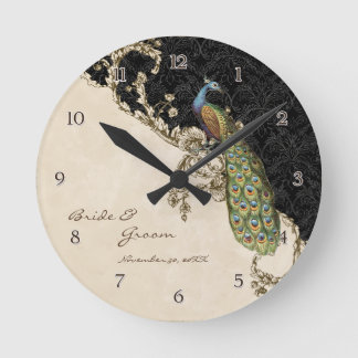 Reloj Redondo Mediano Boda personalizado de Peacock y Etchings