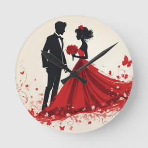 Reloj Redondo Mediano Boda Romántica en Rojo Silueta de Novia y Novio