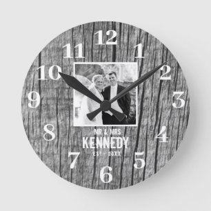 Reloj Redondo Mediano Boda Rústico De Madera Negra Y Blanca