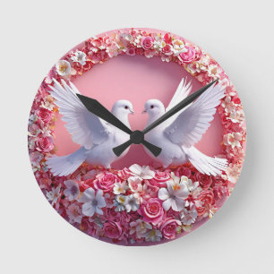 Reloj Redondo Mediano Bodas Amor Palomas Blancas Románticas