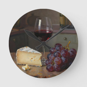 Reloj Redondo Mediano Bodegón realista de queso y uvas con vino tinto