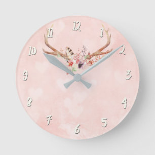 Reloj Redondo Mediano Boho Chic Rosa Glamur Rústico Cuernos y Plumas