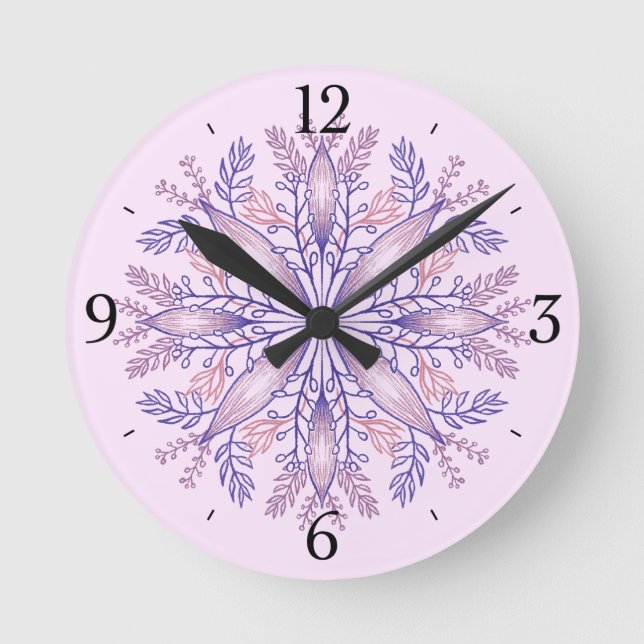 Reloj Redondo Mediano Boho Flor de Fantasía Púrpura Botánica Mandala (Anverso)