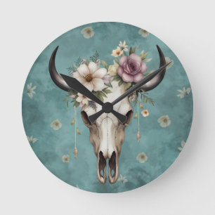 Reloj Redondo Mediano Boho Moda Watercolor Floral Cow Skull