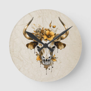 Reloj Redondo Mediano Boho Moda Watercolor Floral Cow Skull
