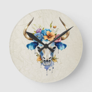Reloj Redondo Mediano Boho Moda Watercolor Floral Cow Skull