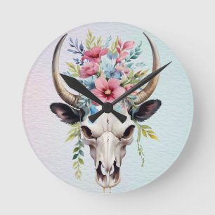 Reloj Redondo Mediano Boho Moda Watercolor Floral Cow Skull