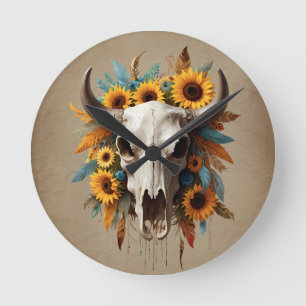 Reloj Redondo Mediano Boho Moda Watercolor Foco de girasol Cow Skull