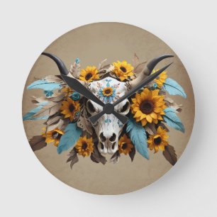 Reloj Redondo Mediano Boho Moda Watercolor Foco de girasol Cow Skull