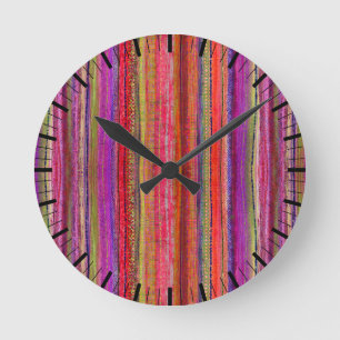 Reloj Redondo Mediano Boho Personalizado Vintage Rojo Violeta Rayas - 
