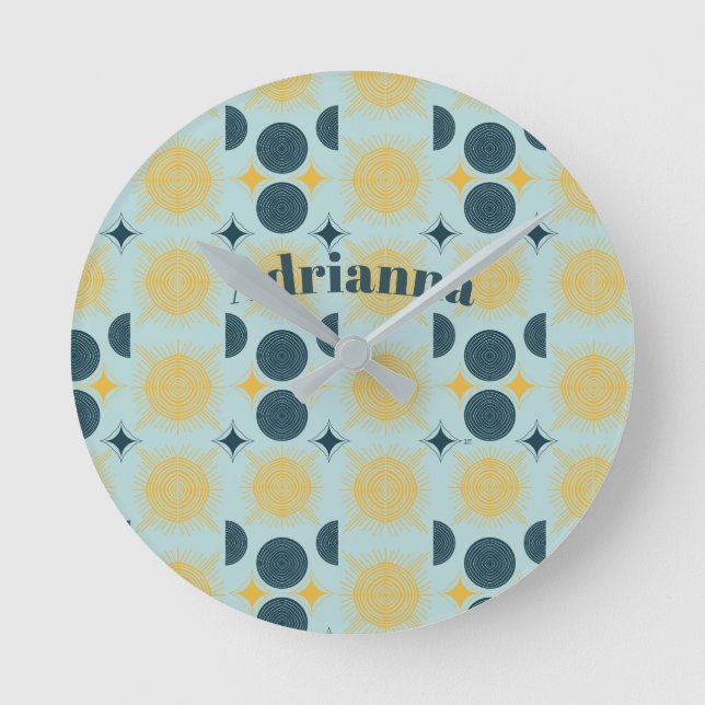Reloj Redondo Mediano Boho Sun Moon Stars Baby Blue Yellow Personalizado (Anverso)