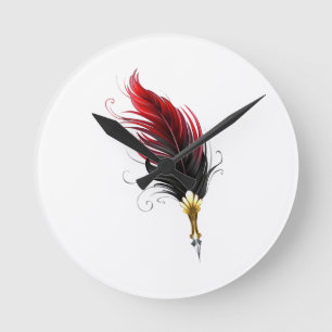 Reloj Redondo Mediano Bolígrafo pluma roja con plumilla dorada