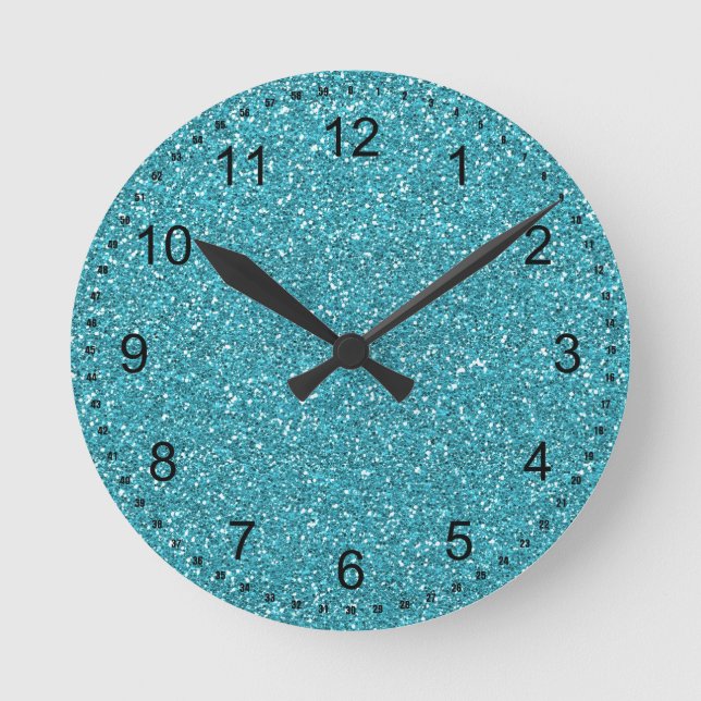 Reloj Redondo Mediano Bonito Aqua Blue Sparkly Faux Purpurina (Anverso)