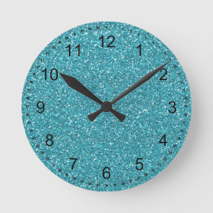 Reloj Redondo Mediano Bonito Aqua Blue Sparkly Faux Purpurina