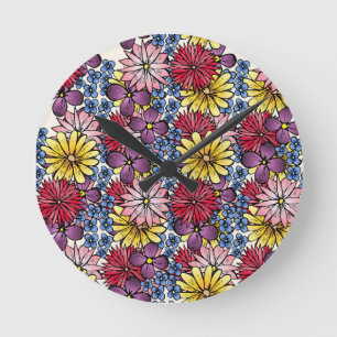 Reloj Redondo Mediano Bonito Rosa Lilac Azul Azul Ilustracion Flor silve