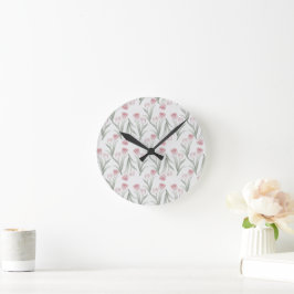 Reloj Redondo Mediano Bonito Vintage Rosa Tulipanes Floral Blanco