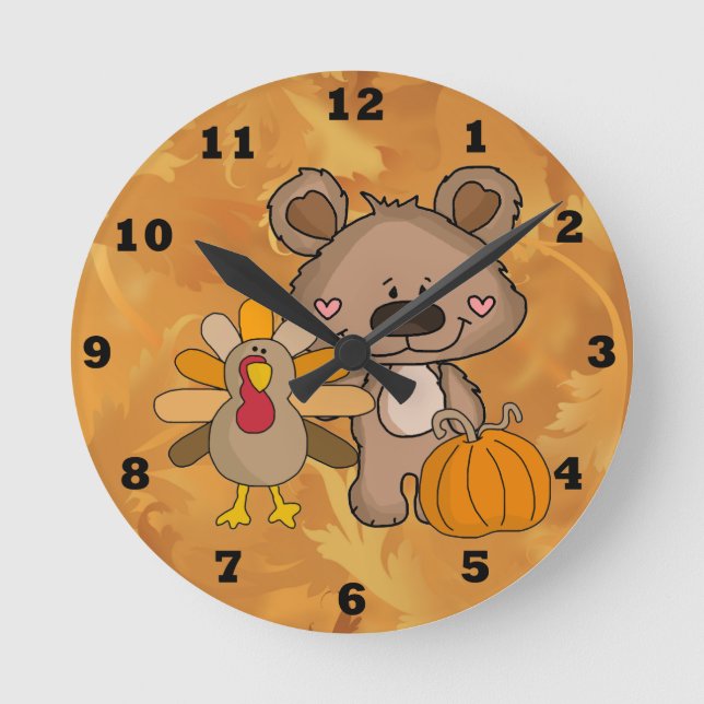 Reloj Redondo Mediano Boppy Bear Thanksgiving Clock (Anverso)