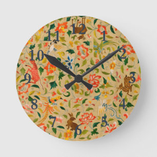 Reloj Redondo Mediano Bordado de Animales con Crewel Vintage: Tapiz Anti