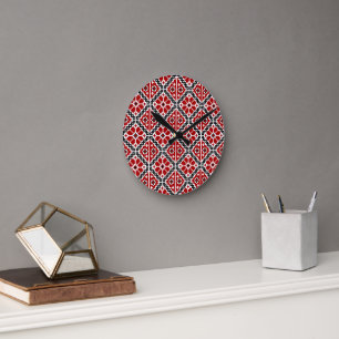 Reloj Redondo Mediano Bordado étnico eslavo, tradicional balcánico