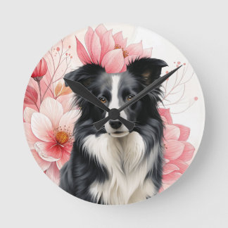 Reloj Redondo Mediano Border Collie Dog and Bold Pink Lilies