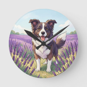 Reloj Redondo Mediano Border Collie Feliz Campo de Lavanda