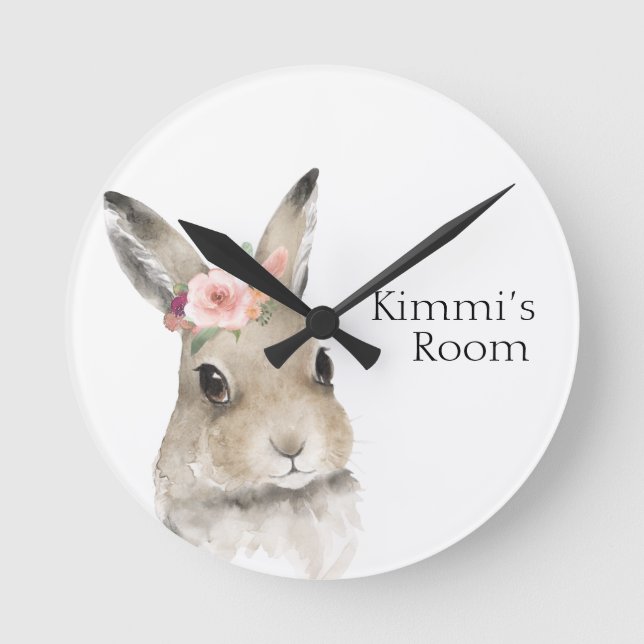 Reloj Redondo Mediano Bosque Animales Acuarela Bunny Name Nursery (Anverso)