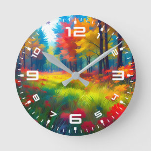 Reloj Redondo Mediano Bosque con árboles y flores coloridos-47560