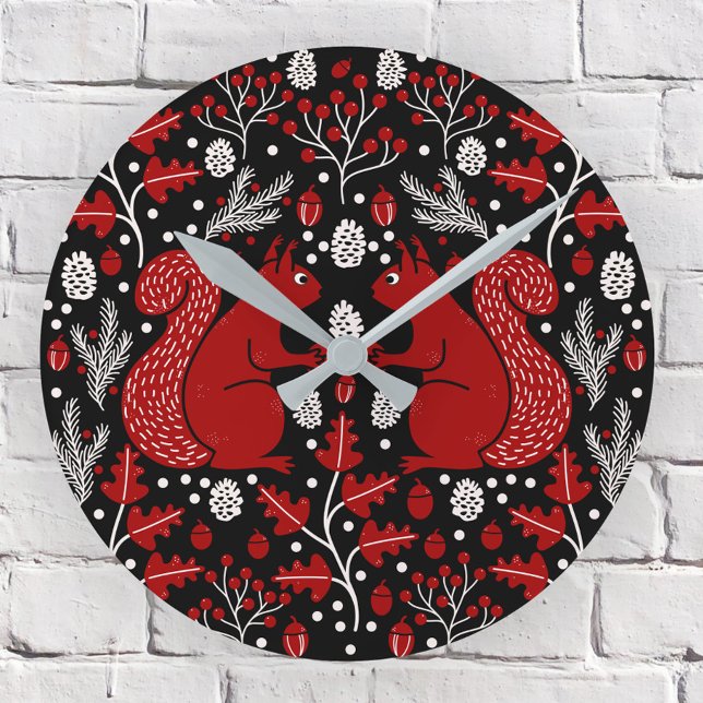 Reloj Redondo Mediano Bosque de ardilla Woodland Oscuro (Squirrel in the Forest pattern woodland wall clock)