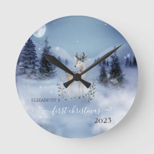 Reloj Redondo Mediano Bosque de Pinos, Ciervo Fiesta Azul
